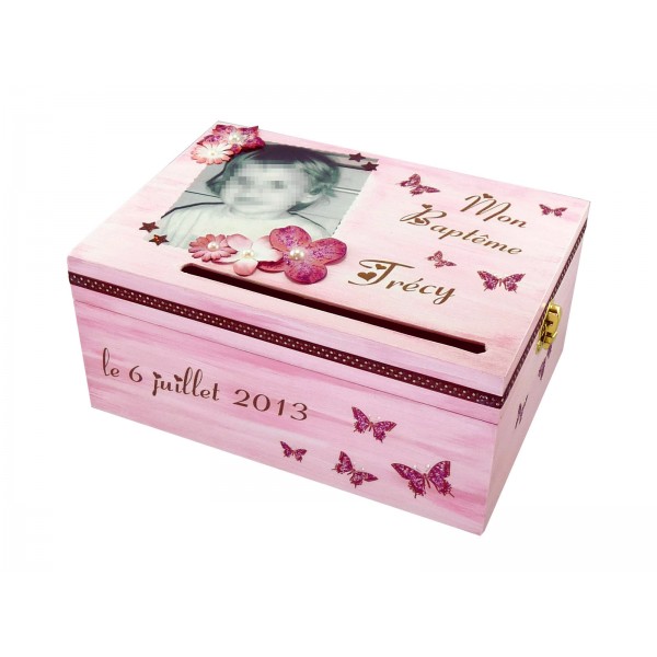 urne de bapteme personnalisee avec photo rose et marron